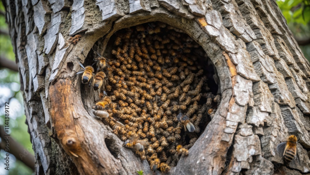 Bees Entering a Hive Inside a Tree Trunk Bees Entering a Hive Inside a Tree Trunk