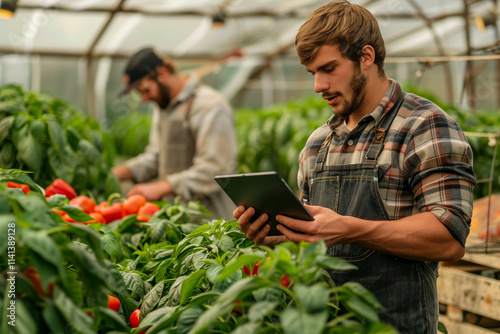 In a modern greenhouse, a young Caucasian man in overalls uses a tablet to monitor crop growth while a colleague harvests peppers