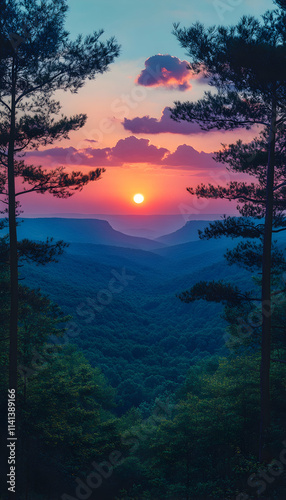 Majestic sunset view between pines, Appalachian mountains, vibrant sky, nature serenity, travel poster.