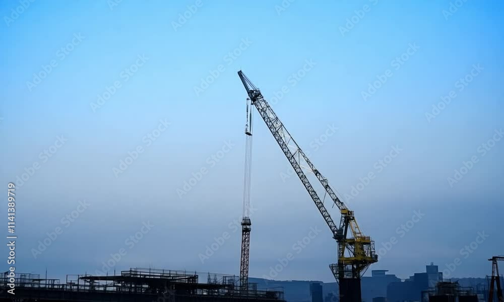 A construction site with cranes and a tall tower crane under a clear blue sky A construction site with cranes and a tall tower crane under a clear blue sky