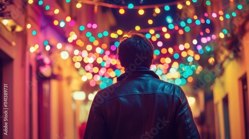 Wallpaper Mural Person walking under colorful lights at night. Torontodigital.ca