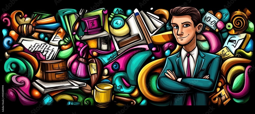Obraz premium Lawyer with legal items doodle art.