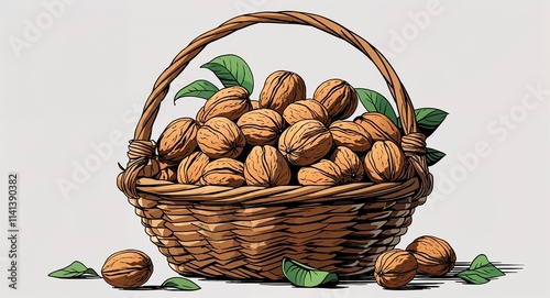 Walnuts on basket cartoon illustration on plain white background