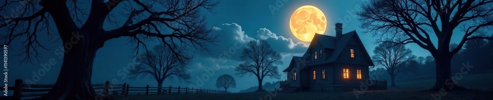 A glowing moon casts an otherworldly glow on the surrounding trees, haunting presence, haunted houses A glowing moon casts an otherworldly glow on the surrounding trees, haunting presence, haunted houses