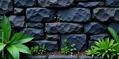 Pared de piedra negra con textura gruesa y sombras de plantas, paisaje, tierra