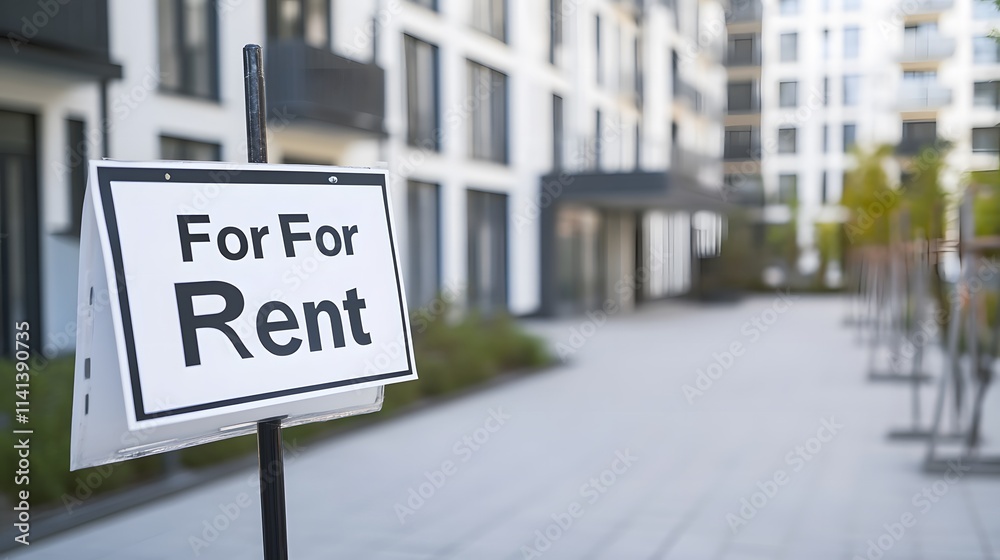 Fototapeta premium For rent sign displayed on a residential building, symbolizing opportunities for new beginnings and the dynamic nature of urban living
