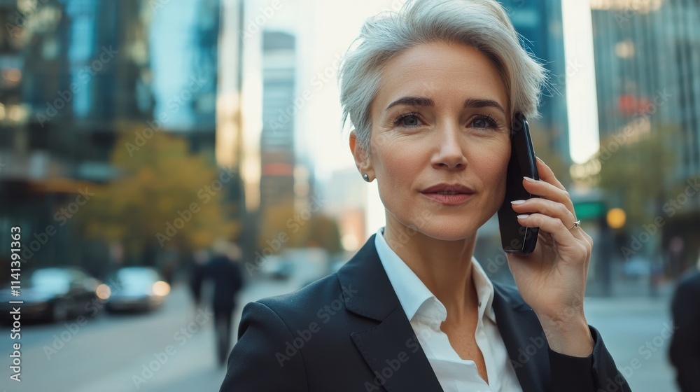 Stylish businesswoman on phone call, city backdrop. Ideal for business, communication, and success themes. Stylish businesswoman on phone call, city backdrop. Ideal for business, communication, and success themes.