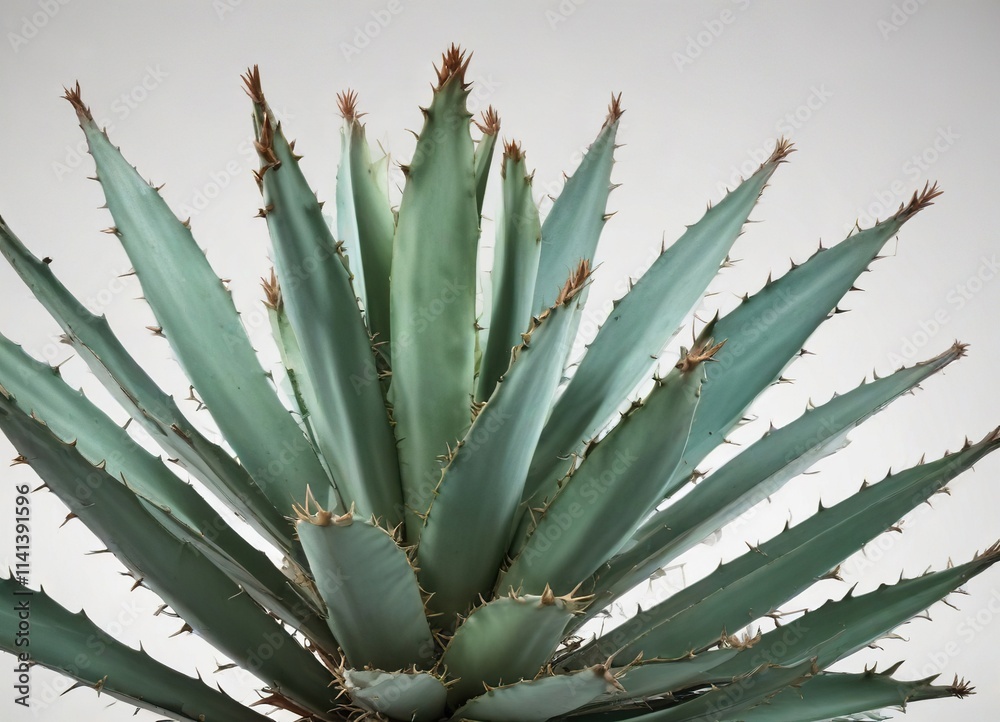 Fototapeta premium Prickly agave plant isolated on white background, leafy green, desert landscape