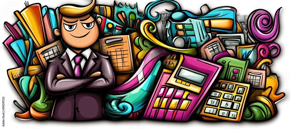 Obraz premium Confident businessman with finance and office items doodle art.