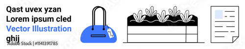 Handbag with tag, garden bed with plants, and document with text elements. Ideal for retail, gardening, documentation, organization, product labeling, agricultural planning and document management