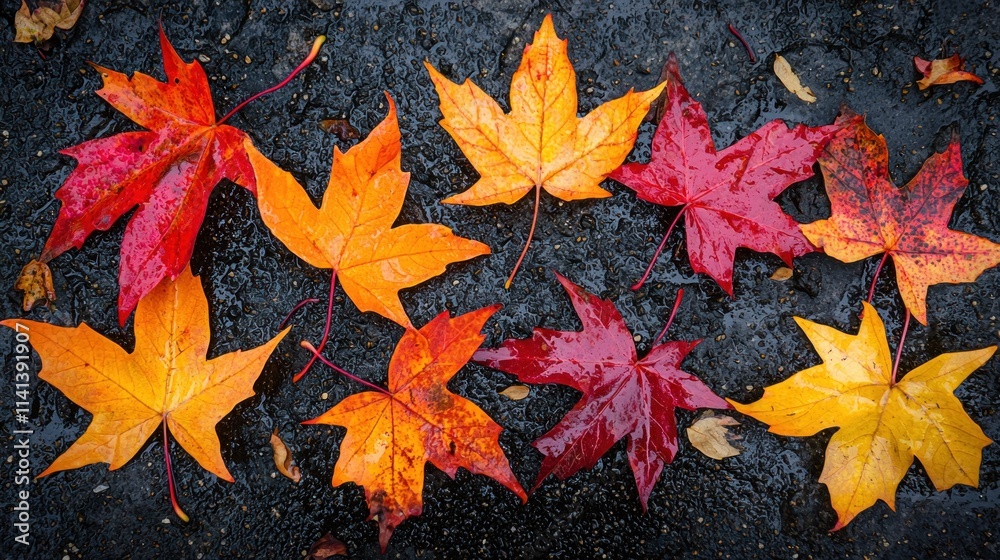 Autumnal Maple Leaves on Wet Pavement Autumnal Maple Leaves on Wet Pavement