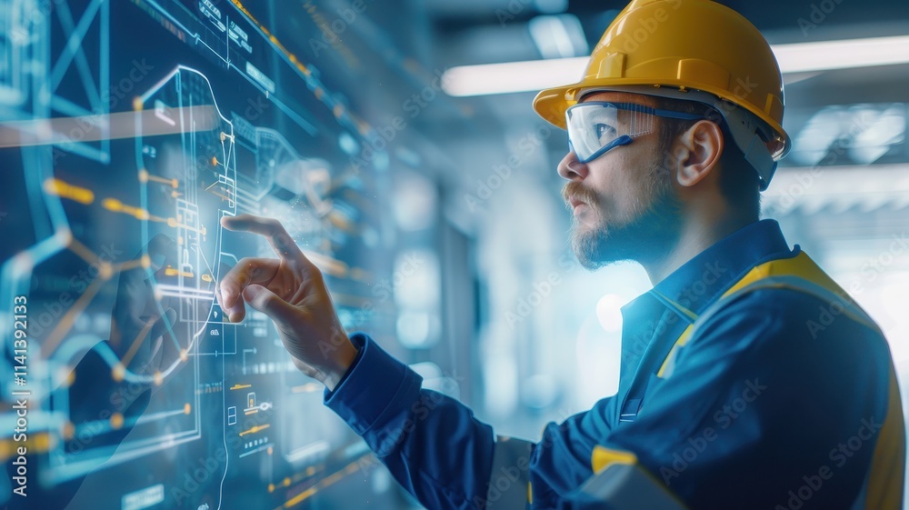 A construction worker interacts with a digital interface, showcasing advanced technology and engineering during a modern construction project. A construction worker interacts with a digital interface, showcasing advanced technology and engineering during a modern construction project.