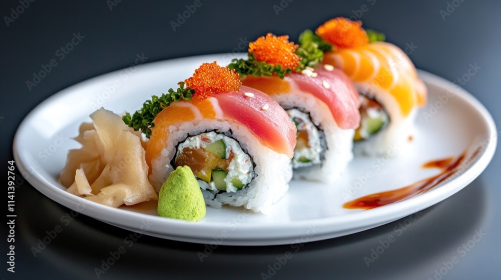 A plate of colorful sushi rolls garnished with wasabi and ginger. A plate of colorful sushi rolls garnished with wasabi and ginger.