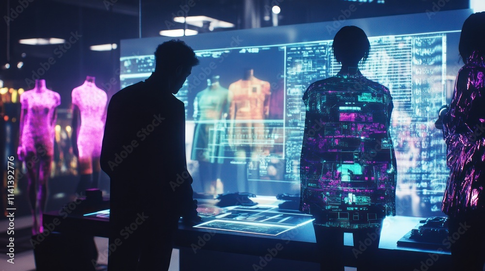Designers view digital garments on a screen with virtual mannequins. Designers view digital garments on a screen with virtual mannequins.