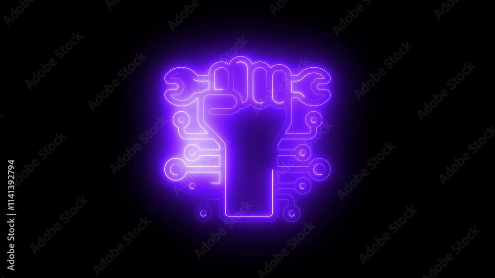 Hand gear icon animation by purple color neon on black background. Hand gear icon animation by purple color neon on black background.