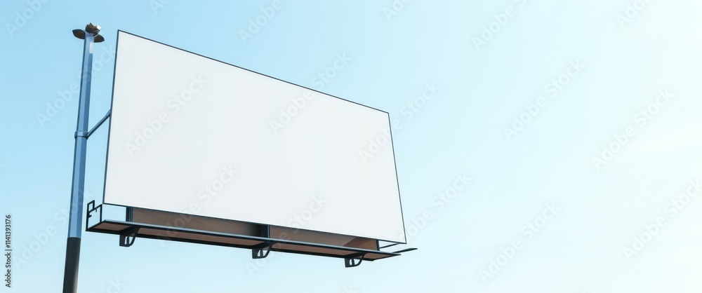 Obraz premium outdoor setting, clear blue sky, white billboard, black metal pole, two black streetlights on top of the billboard, no text or images on the billboard, simple and minim