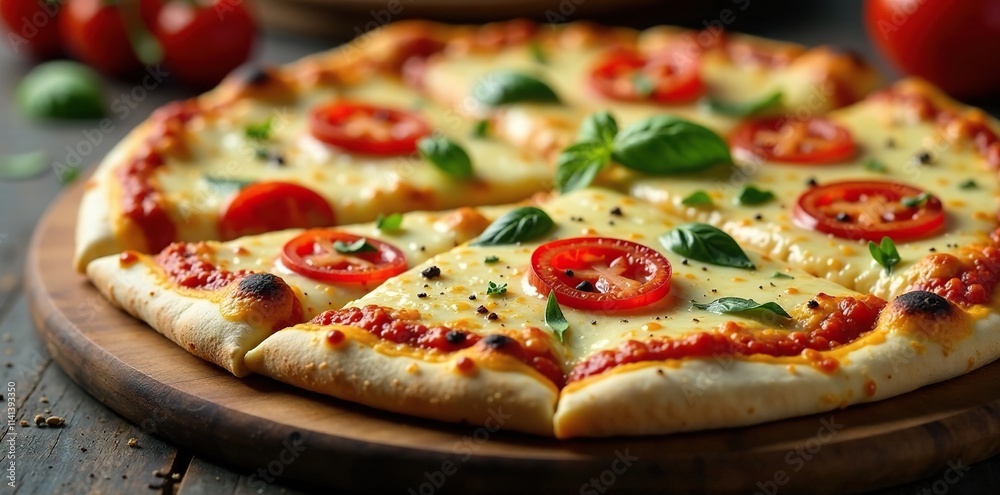 Sliced Neapolitan pizza with melted mozzarella cheese and savory toppings, culinary, topping