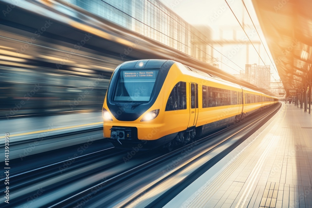 Naklejka premium Yellow train speeds on tracks at platform.