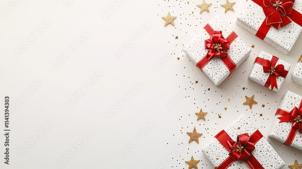 Gifts with red bows, stars on light background. Gifts with red bows, stars on light background.