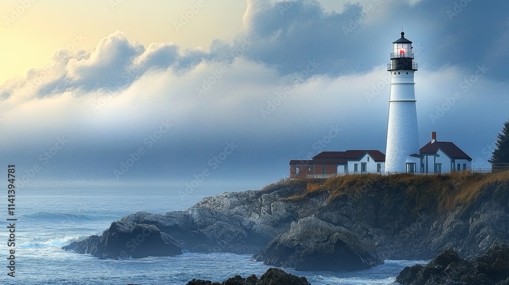 Picturesque Lighthouse Standing on Rocky Coast Against Dramatic Sky Picturesque Lighthouse Standing on Rocky Coast Against Dramatic Sky