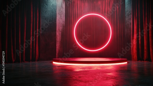 Stage with neon circle, red drapes.