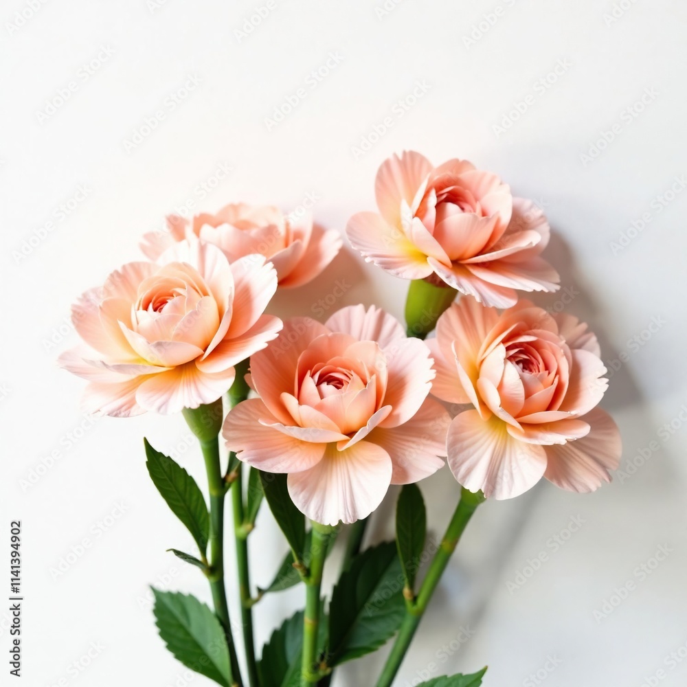 Soft peach pink carnations in loose bunches against a crisp white background, blooms, garden, carnation Soft peach pink carnations in loose bunches against a crisp white background, blooms, garden, carnation