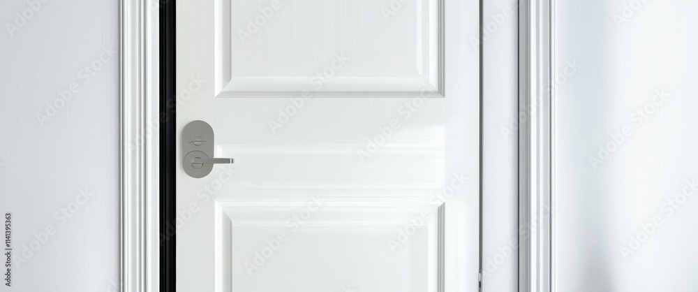 A close-up photograph of a white door with a silver doorknob, taken from a low angle. The door is centered in the frame, and the background is a plain white wall. The lighting is soft and even, castin A close-up photograph of a white door with a silver doorknob, taken from a low angle. The door is centered in the frame, and the background is a plain white wall. The lighting is soft and even, castin