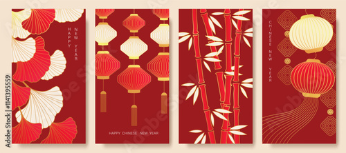 Chinese New Year 2025 hongbao red envelope design vector. Collection of Chinese festival with lantern, ginkgo leaf, bamboo. Elegant oriental illustration for ang pao, cover, website, calendar, ads.