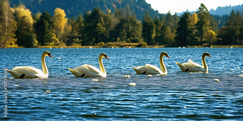 Four swans swimming on a lake photo