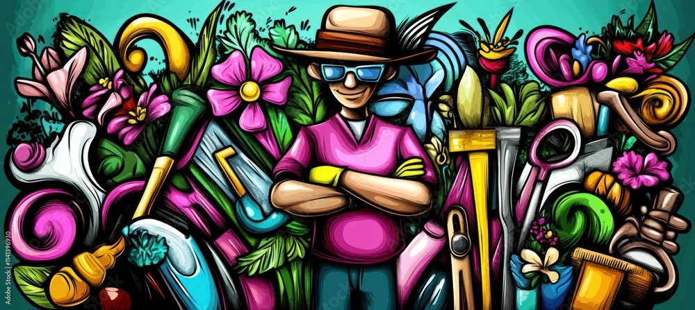 Fototapeta premium Gardener with tools illustration.