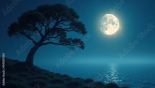 Tree with branches reaching up towards a half-moon shining through a veil of fog over the dark blue sea, hazy light, moon