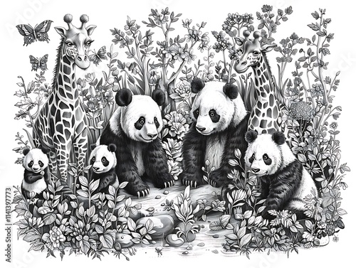 Panda family gathering in a lush forest black and white illustration wildlife art nature scene photo