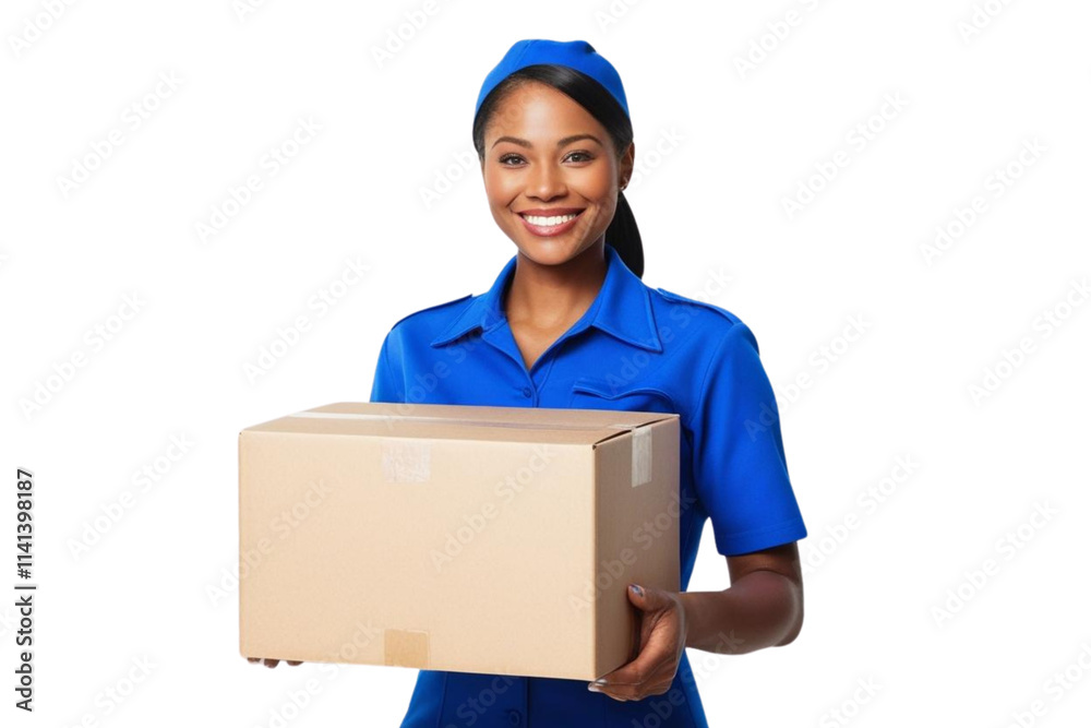 Female delivery in blue uniform holding cardboard box on isolate transparency background, Female delivery in blue uniform holding cardboard box on isolate transparency background,