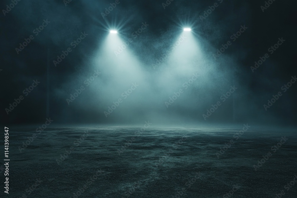 Two bright spotlights shining in dark, misty scene. Two bright spotlights shining in dark, misty scene.