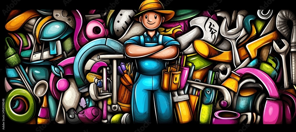 Cartoon handyman with tools, bright illustration. Cartoon handyman with tools, bright illustration.