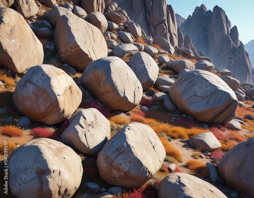 Weathered granite boulders on a rugged terrain, stone formations, boulder landscape, texas hill country