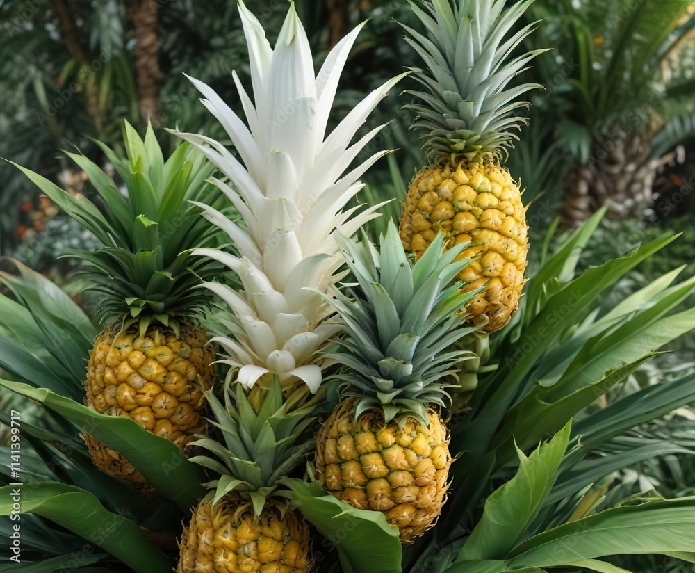 White and yellow ananas with green leaves in a botanical garden, fruit, nature, botanical garden White and yellow ananas with green leaves in a botanical garden, fruit, nature, botanical garden