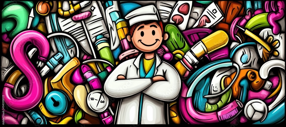 Obraz premium Cartoon doctor with medical objects.
