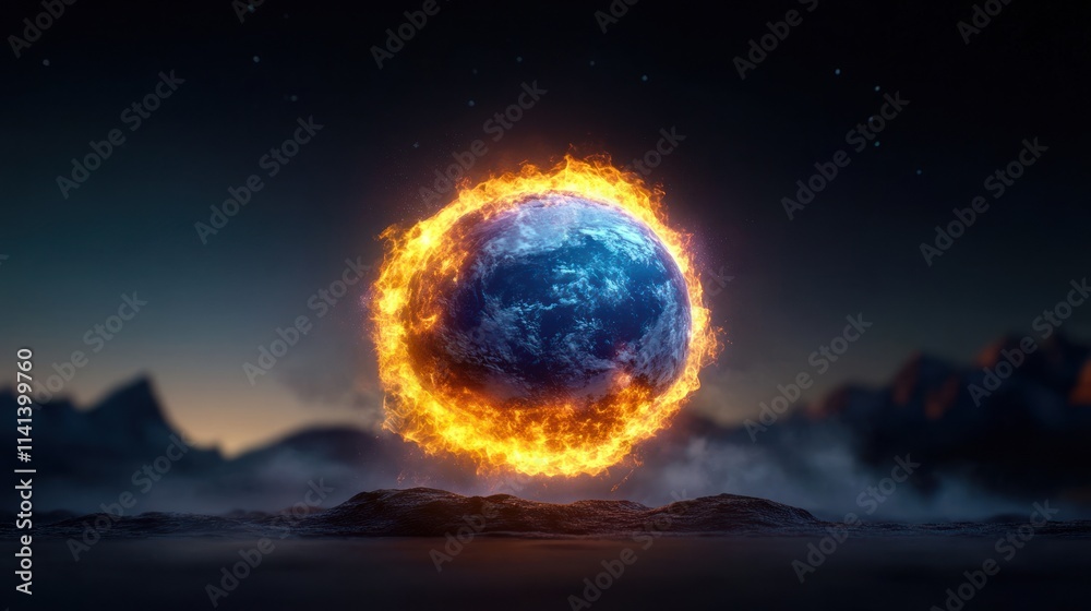 Obraz premium A fiery globe representing Earth surrounded by flames.