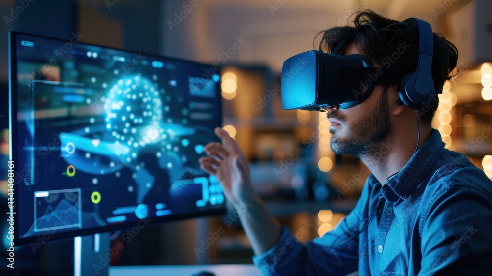A man wearing a VR headset interacts with a digital display, showcasing advanced technology and immersive virtual experiences. A man wearing a VR headset interacts with a digital display, showcasing advanced technology and immersive virtual experiences.