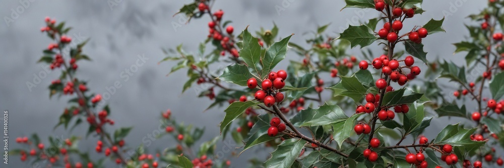 Winterberry holly with bright red berries against a grey sky, evergreen tree, cold weather, red berries Winterberry holly with bright red berries against a grey sky, evergreen tree, cold weather, red berries