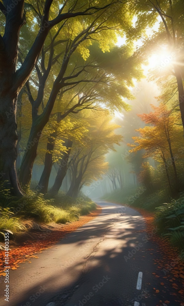 Winding forest road with trees on both sides and sunlight filtering through leaves , forest, forest road Winding forest road with trees on both sides and sunlight filtering through leaves , forest, forest road