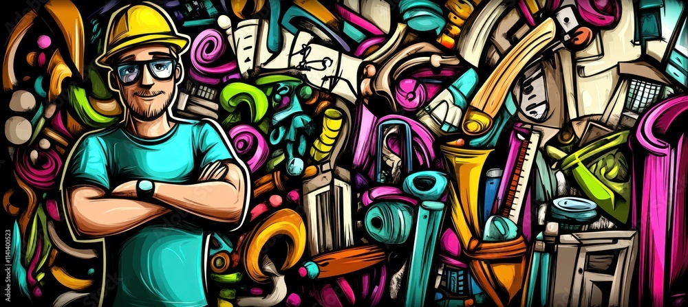 Obraz premium Man with hardhat, artistic doodle background.