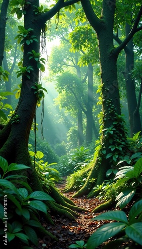 Dense forest with Kougoed vines crawling up trees, tropicflora, naturalworld, vegetation photo