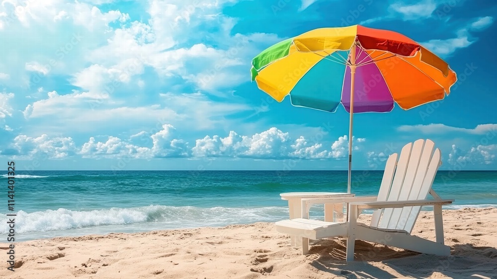Colorful Umbrella and Chair on a Sunny Beach with Clear Blue Sky Colorful Umbrella and Chair on a Sunny Beach with Clear Blue Sky