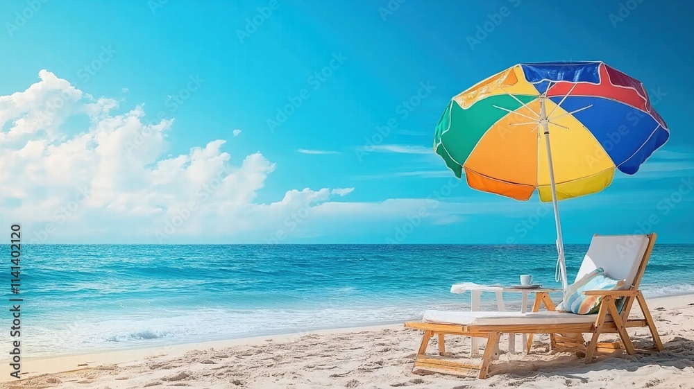 Bright Beach Scene with Colorful Umbrella and Relaxing Chairs by the Ocean Bright Beach Scene with Colorful Umbrella and Relaxing Chairs by the Ocean