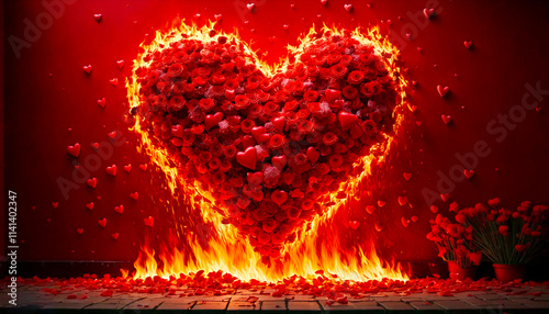 Valentine's Day Fire with Falling Hearts and Red Flowers Coverd with Fire Against an Illuminated Red Wall