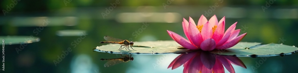 dragonfly gazes at reflected light on calm lotus surface, calm, wildlife, flower