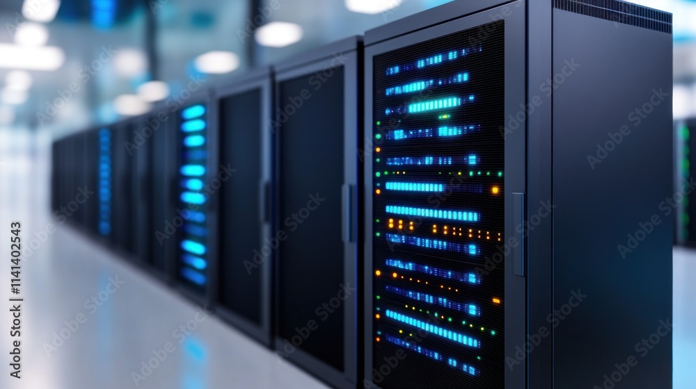 Server racks with illuminated indicators in a data center environment. Server racks with illuminated indicators in a data center environment.
