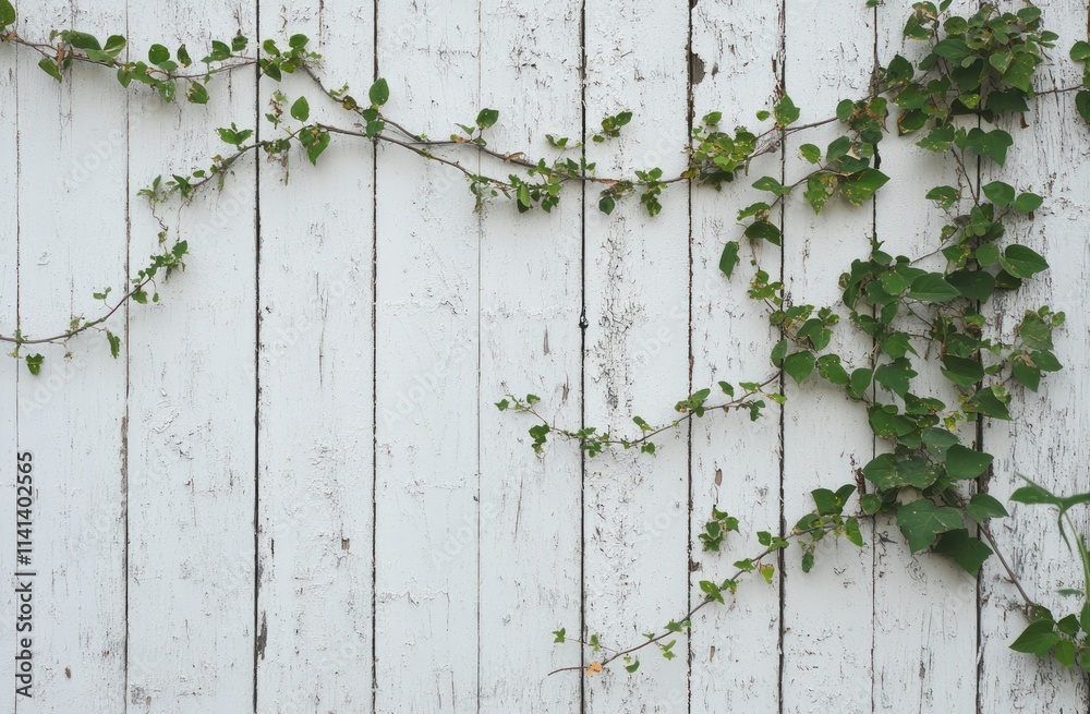 Vine creeps on weathered white fence. Vine creeps on weathered white fence.